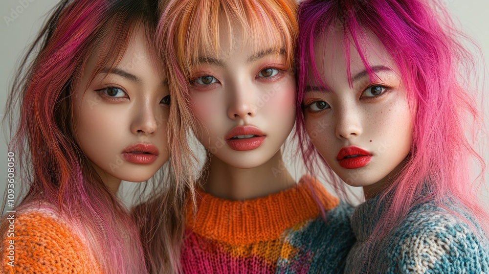 Three individuals with vibrant, colorful hair and expressive makeup pose together in a cozy setting. Three individuals with vibrant, colorful hair and expressive makeup pose together in a cozy setting.