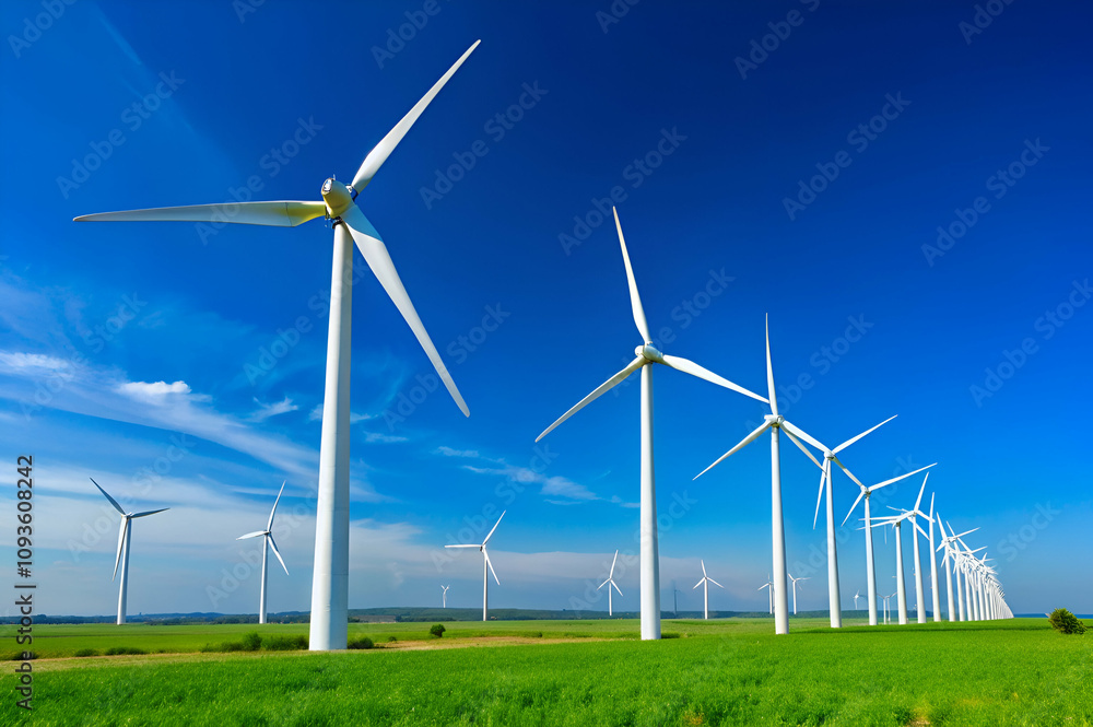 Vast landscape featuring a row of wind turbines against a clear blue sky, symbolizing renewable energy and sustainability. Vast landscape featuring a row of wind turbines against a clear blue sky, symbolizing renewable energy and sustainability.