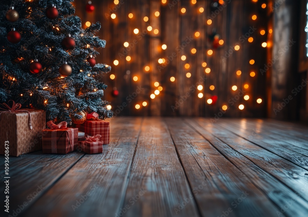Wooden floor with a Christmas tree and presents on it, a brown wooden wall with lights in the background. A backdrop for product display. Wooden floor with a Christmas tree and presents on it, a brown wooden wall with lights in the background. A backdrop for product display.