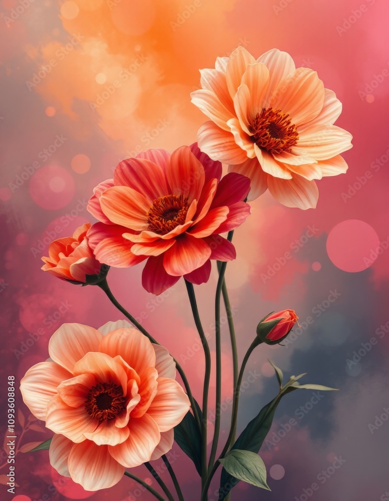 Fototapeta premium Flowers on an abstract background. Composition of three-dimensional flowers
