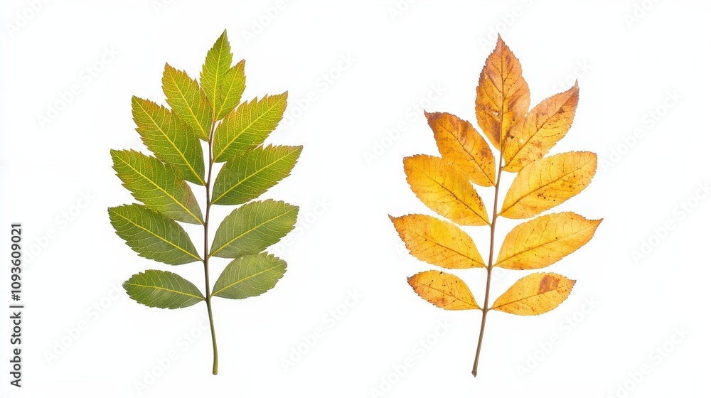 Comparison of green and yellow ash leaves on white background Comparison of green and yellow ash leaves on white background