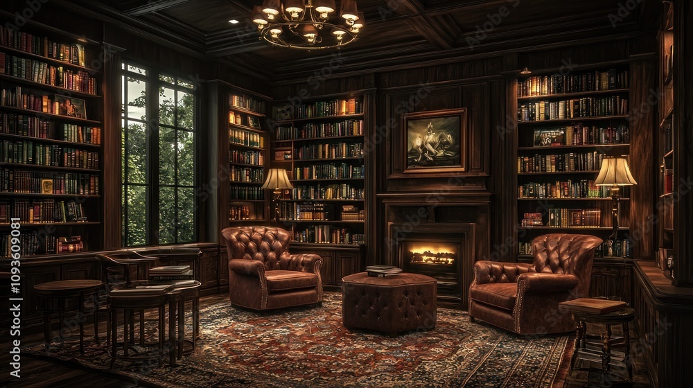 Cozy library interior with a fireplace and leather armchairs Cozy library interior with a fireplace and leather armchairs