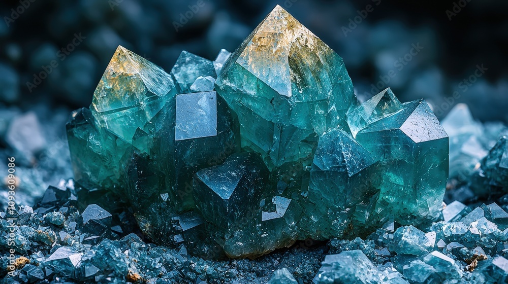 Vibrant blue-green crystal cluster in raw mineral formation Vibrant blue-green crystal cluster in raw mineral formation
