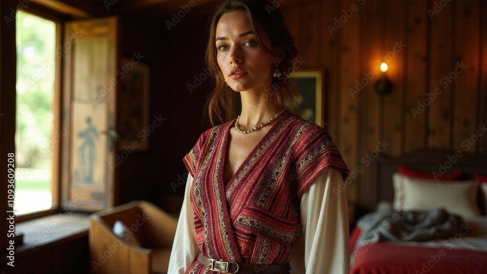 Creative folklore themed outfits, designed with bold embroidery and handwoven textiles, are displayed in a warm rustic interior for cultural authenticity. Creative folklore themed outfits, designed with bold embroidery and handwoven textiles, are displayed in a warm rustic interior for cultural authenticity.