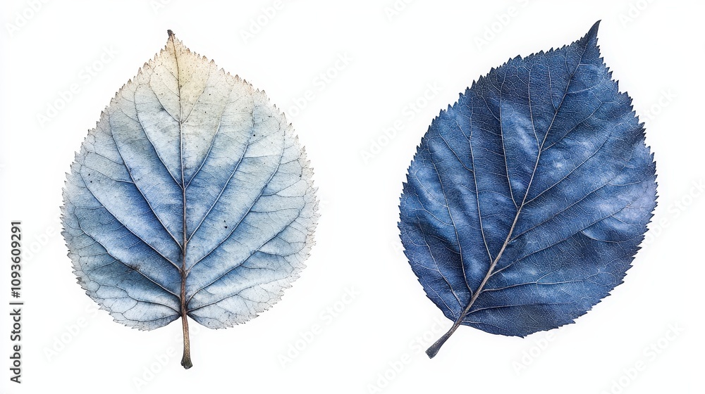 Artistic contrast of two blue tinted leaves on a white background Artistic contrast of two blue tinted leaves on a white background