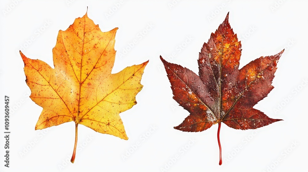Autumn maple leaves: vibrant yellow and deep red on white background Autumn maple leaves: vibrant yellow and deep red on white background