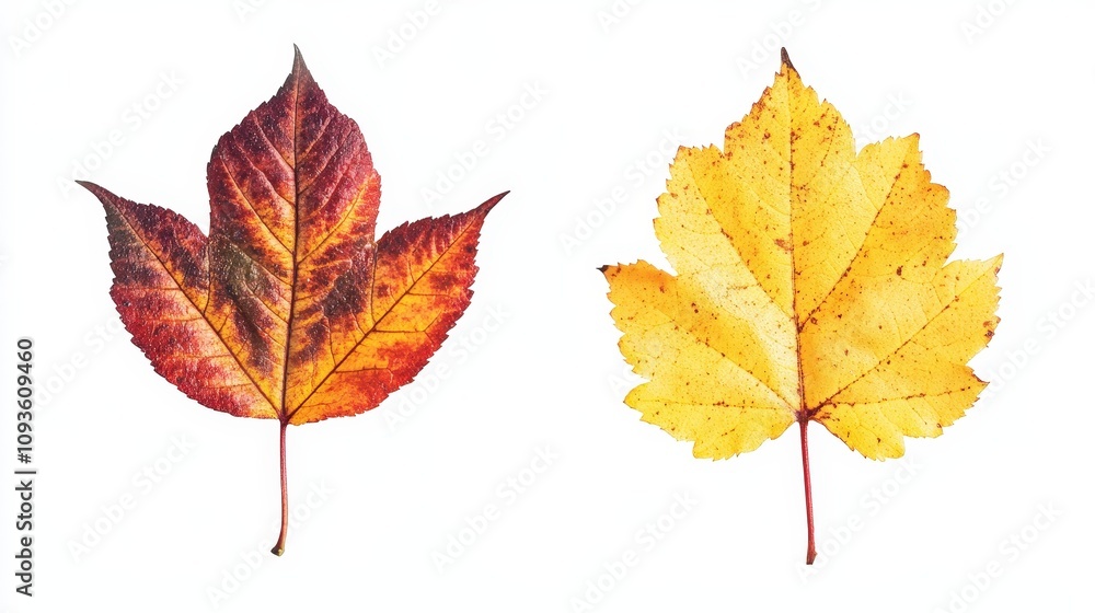 Autumn leaf duo: vibrant red and yellow leaves on white background Autumn leaf duo: vibrant red and yellow leaves on white background