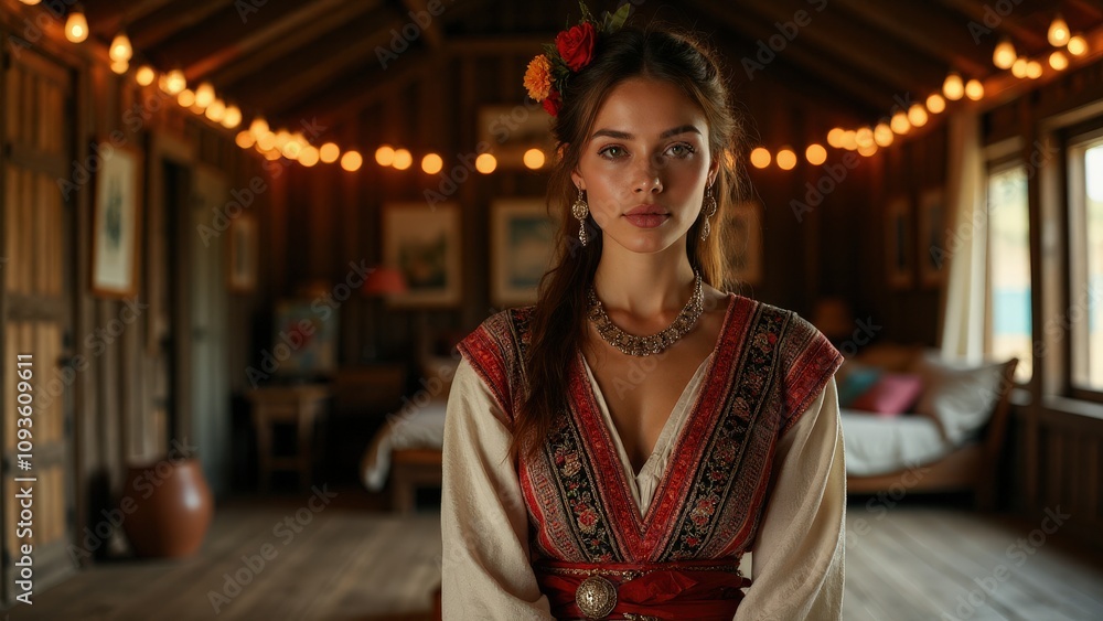 A dramatic folklore green outfit, featuring natural fabrics and ornate embroidery, is showcased in a wooden interior for traditional emphasis. A dramatic folklore green outfit, featuring natural fabrics and ornate embroidery, is showcased in a wooden interior for traditional emphasis.