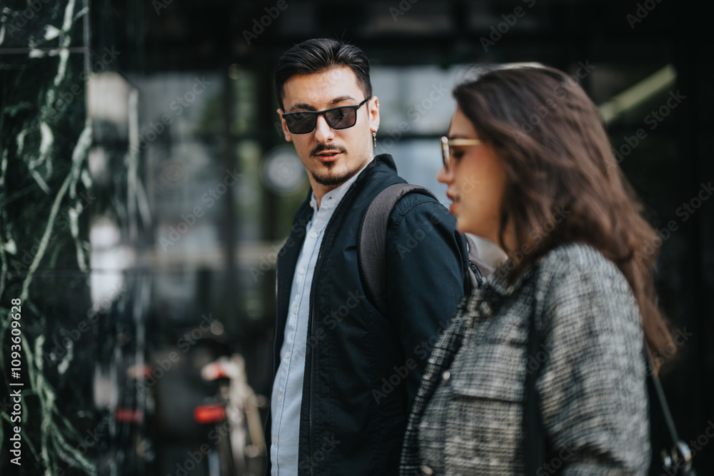 A man and woman walk together in an urban environment, both wearing sunglasses and business casual clothing. Their confident demeanor highlights professionalism and modern style in an outdoor city A man and woman walk together in an urban environment, both wearing sunglasses and business casual clothing. Their confident demeanor highlights professionalism and modern style in an outdoor city