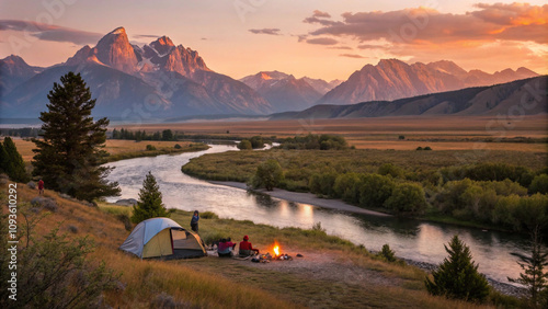 Camping sunset mountains ravel adventure landscape background. Tranquil Camping Retreat Surrounded by Sunset Mountains with river