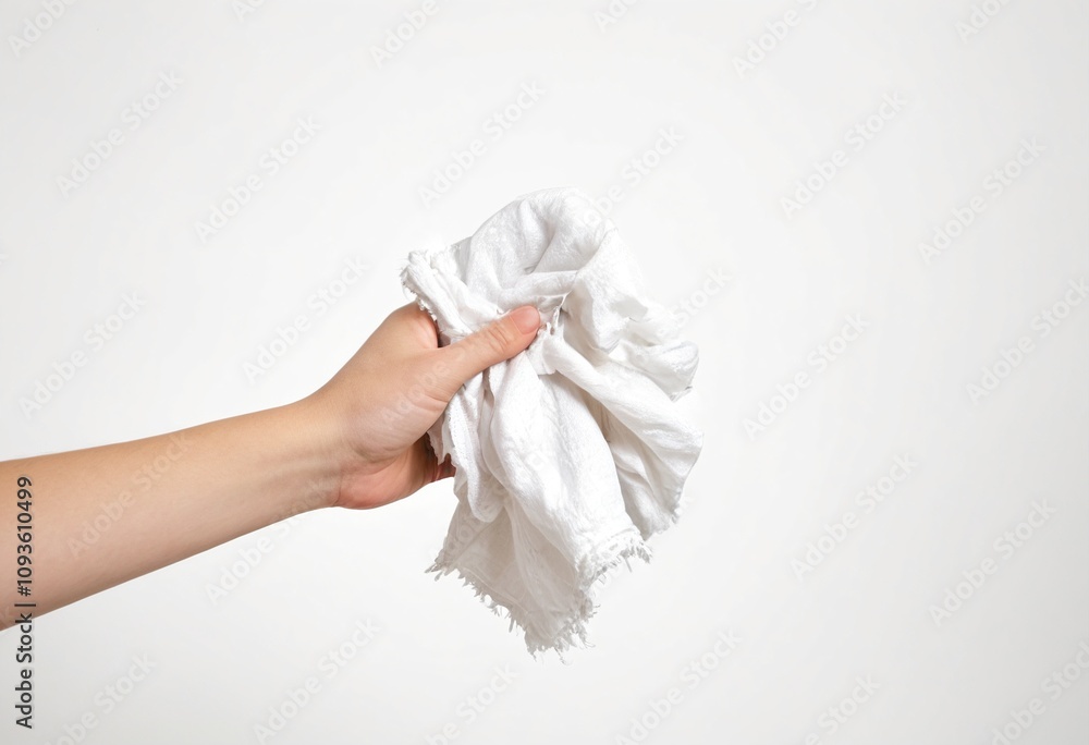 Obraz premium Hand holding napkin on white background