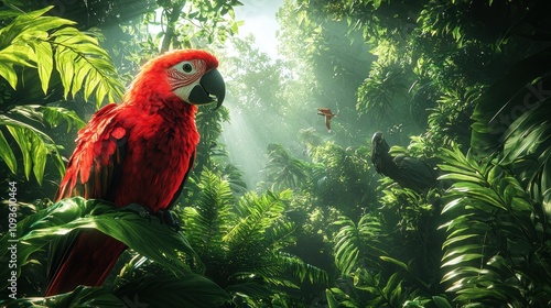 Wallpaper Mural A Scarlet Macaw perched on a branch in a lush tropical rainforest Torontodigital.ca