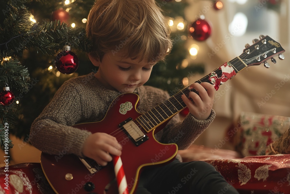 Charming young boy plays a miniature guitar by a beautifully decorated Christmas tree in a cozy, warmly lit living room, capturing the festive spirit of the holidays