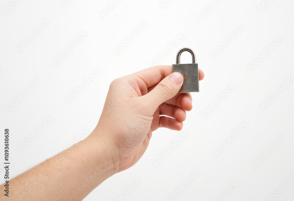 Hand Holding Lock on White Background Hand Holding Lock on White Background