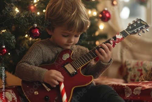 Obraz na płótnie Charming young boy plays a miniature guitar by a beautifully decorated Christmas tree in a cozy, warmly lit living room, capturing the festive spirit of the holidays w salonie