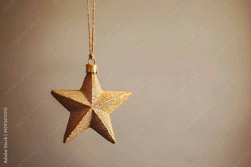 Sparkling golden star ornament sways gently, capturing the essence of festive cheer and warmth during holiday celebrations at home Sparkling golden star ornament sways gently, capturing the essence of festive cheer and warmth during holiday celebrations at home