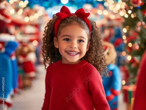 Little girl with Afro-American curly hair having fun in a toy store before Christmas. The toy store is adorned with Christmas garlands, and the Christmas spirit fills the air photo