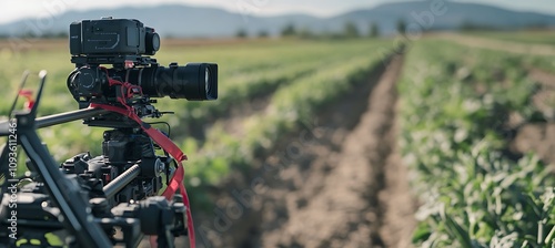 A drone’s camera zooming in on a field, showing different crop conditions for better farming choices based on detailed images. photo