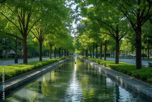 A tranquil tree-lined boulevard with a reflective water canal under lush green foliage in an urban park during a serene morning