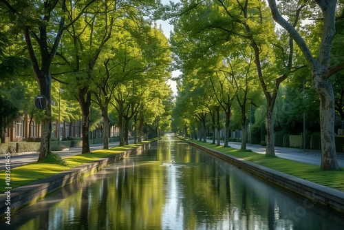 An urban scene depicting a tranquil tree-lined boulevard with a reflective canal, lush greenery, and sunlight filtering through the foliage