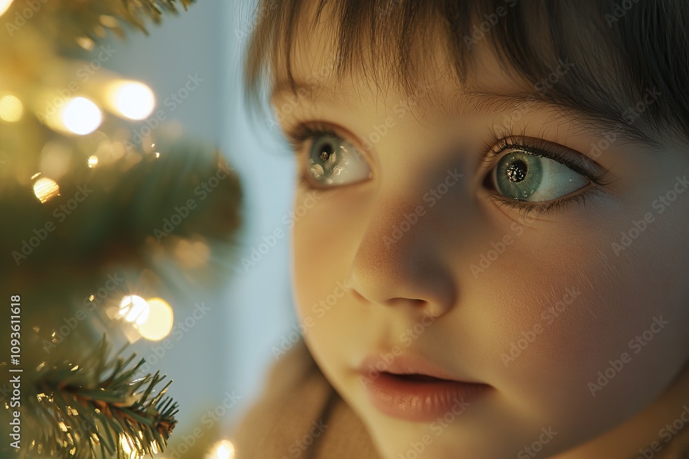 Delight and Wonder Captured in the Eyes of a Child Gazing at a Christmas Tree Adorned with Twinkling Lights Delight and Wonder Captured in the Eyes of a Child Gazing at a Christmas Tree Adorned with Twinkling Lights