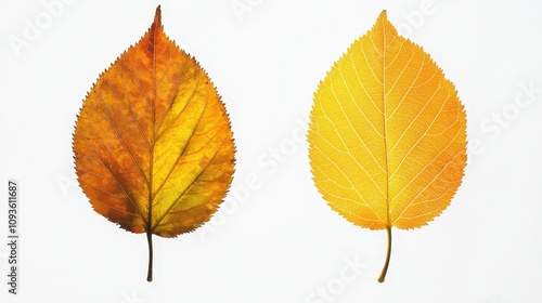 Two autumn leaves: contrasting colors and textures on a white background