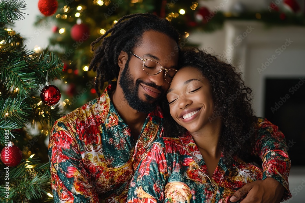 Couple enjoying a cozy moment together in front of a beautifully decorated Christmas tree, sharing warmth and love during the holiday season Couple enjoying a cozy moment together in front of a beautifully decorated Christmas tree, sharing warmth and love during the holiday season