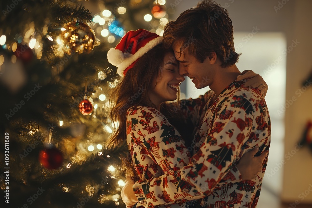 Happiness and warmth shared between a couple in festive pajamas under the glow of a beautifully decorated Christmas tree Happiness and warmth shared between a couple in festive pajamas under the glow of a beautifully decorated Christmas tree