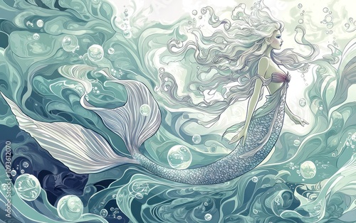 Beautiful mermaid with flowing hair and tail in the ocean. photo