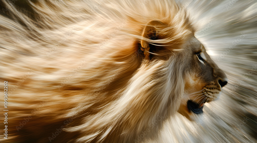 Naklejka premium Majestic Lion Mane in Motion: Dynamic Wildlife Photography