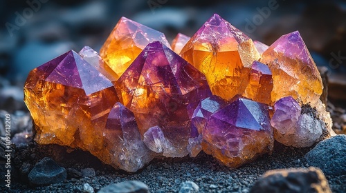 Vibrant amethyst and citrine crystal cluster on rocky surface photo