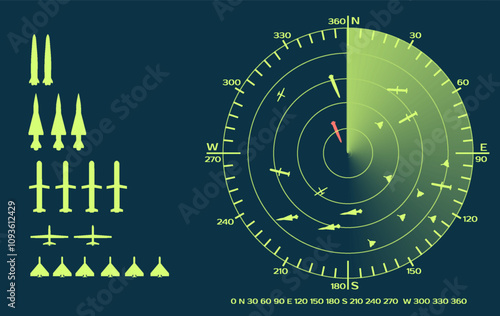 Non-existent military radar interface. Strike and Reconnaissance Drones, Cruise Missiles and Ballistic missile on radar screen. Radar beam, fading trace and circles with transparent effects.