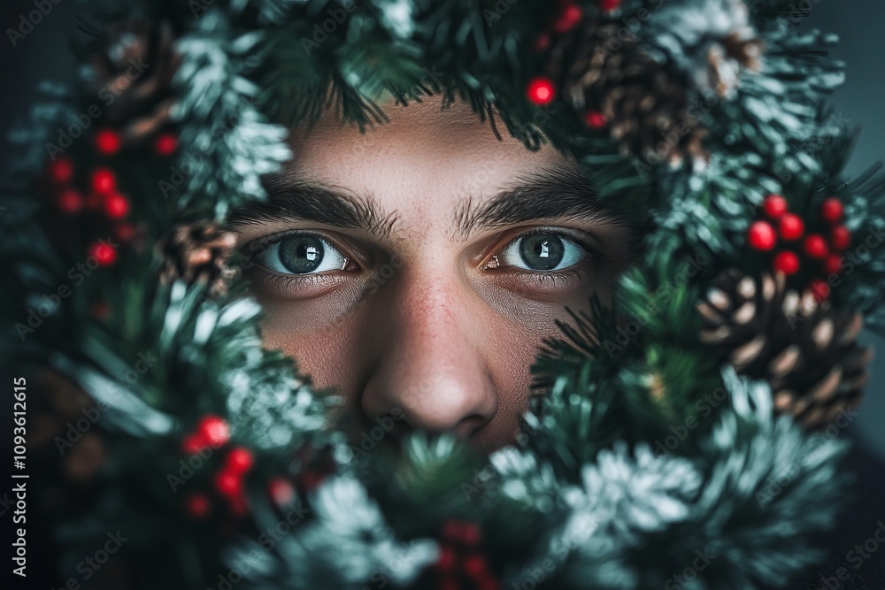 An intriguing gaze is captured within a vibrant festive holiday wreath, beautifully adorned with an array of colorful ornaments and frosted leaves that glisten in the light An intriguing gaze is captured within a vibrant festive holiday wreath, beautifully adorned with an array of colorful ornaments and frosted leaves that glisten in the light