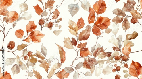 Seamless pattern with watercolor branches and leaves in autumn colors.