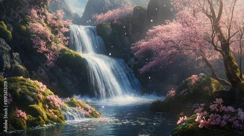 Serene Waterfall Cascading Through Blossom-Covered Cliffs