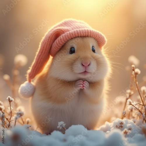 cute hamster in a hat woke up in the morning