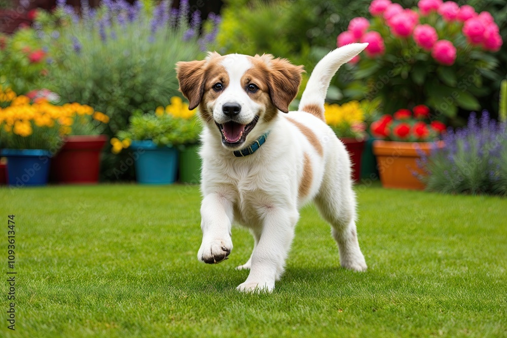 Delighted Puppy Frolicking in a Vibrant Garden Scene