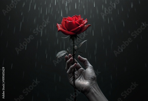 A hand is delicately holding a vibrant red rose in the middle of a gentle rain shower, creating a beautiful scene filled with emotion photo