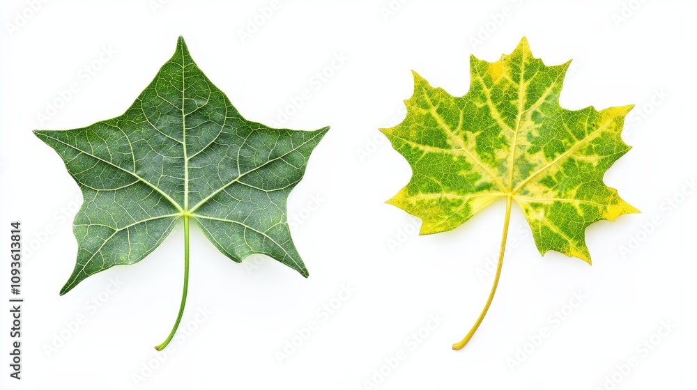 Fototapeta premium Contrasting green and yellow maple leaves on white background highlight vein patterns
