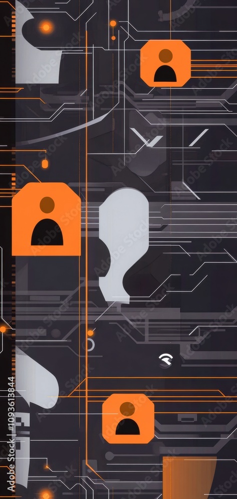 Naklejka premium Dynamic cybernetic backdrop featuring orange and silver elements for modern design. Generative AI