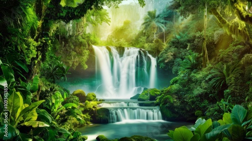 Waterfall in Paradise: A breathtaking cascading waterfall, the heart of a tropical paradise, surrounded by lush vegetation, reflects sunlight through crystal-clear water in a vibrant oasis.