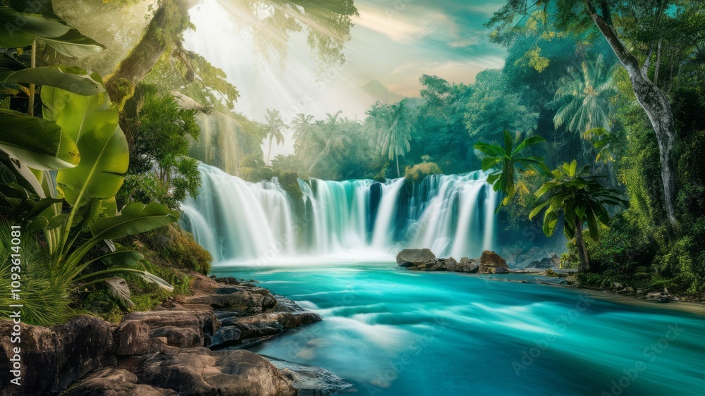 Fototapeta premium Serene Waterfall: The image showcases a mesmerizing waterfall cascading over a cliff, with crystal-clear water flowing into a tranquil pool below, creating a peaceful ambiance.