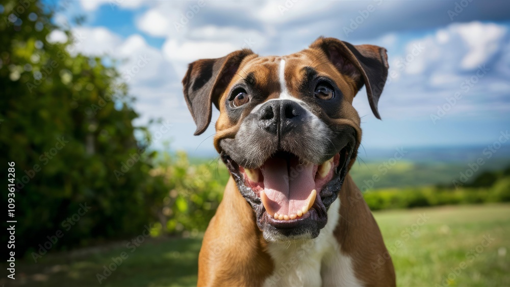 Happy Boxer: A close-up shot of a playful boxer dog with a big, happy smile, radiating joy and energy, capturing its expressive face in a natural outdoor setting. Happy Boxer: A close-up shot of a playful boxer dog with a big, happy smile, radiating joy and energy, capturing its expressive face in a natural outdoor setting.