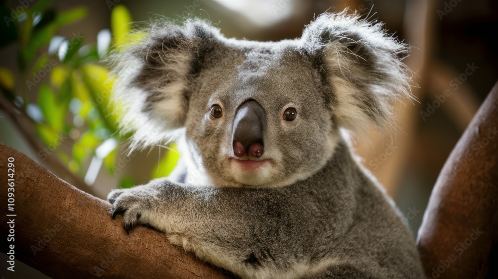 Obraz premium Koala's Gaze: A close-up shot of a charming koala bear perched in a tree, looking directly at the camera with its captivating eyes.