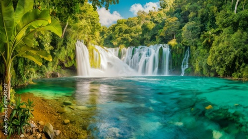 Cascading Oasis: A mesmerizing landscape showcasing a multi-tiered waterfall cascading into a crystal-clear turquoise pool, surrounded by lush tropical greenery.