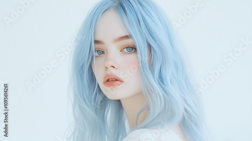 Young person with blue hair poses against a minimalist background, showcasing natural beauty and soft features