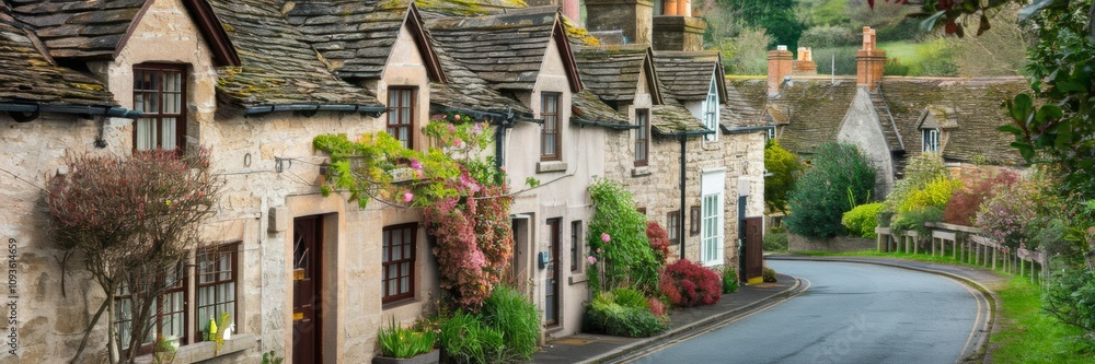 A historic village with a number of charming stone cottages and a narrow winding road. The road is bordered by lush greenery and several wooden pillars. A historic village with a number of charming stone cottages and a narrow winding road. The road is bordered by lush greenery and several wooden pillars.