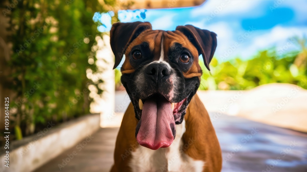 Boxer's Joyful Gaze: A charming boxer dog, its tongue lolling out in pure delight, gazes directly at the viewer, framed by the soft hues of a sunny day and lush vegetation. Boxer's Joyful Gaze: A charming boxer dog, its tongue lolling out in pure delight, gazes directly at the viewer, framed by the soft hues of a sunny day and lush vegetation.