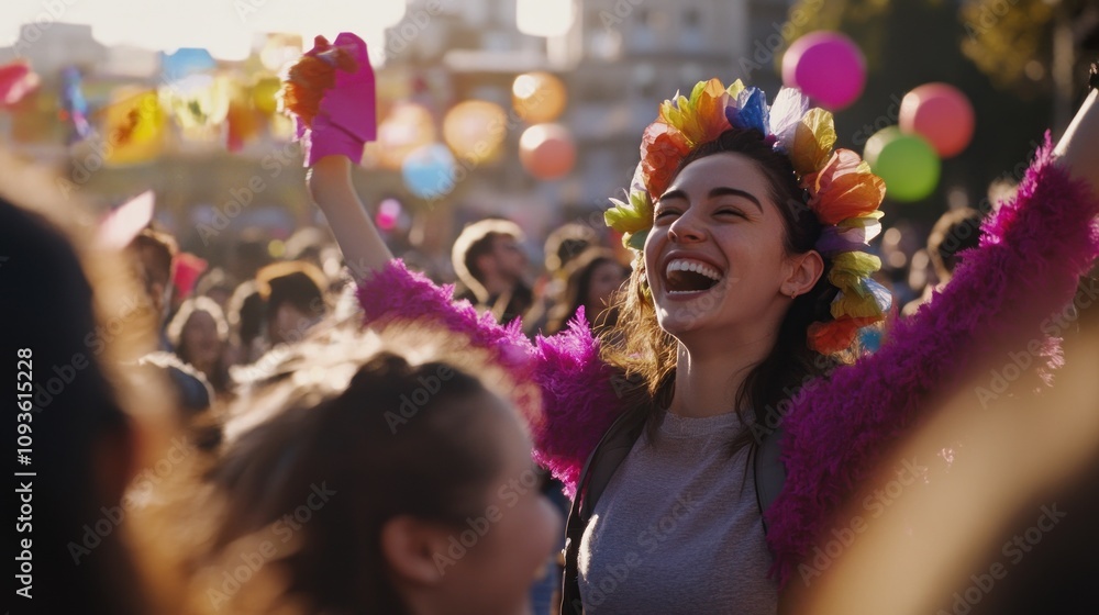 Joyful Celebration: A Woman's Ecstatic Moment at a Vibrant Festival Joyful Celebration: A Woman's Ecstatic Moment at a Vibrant Festival