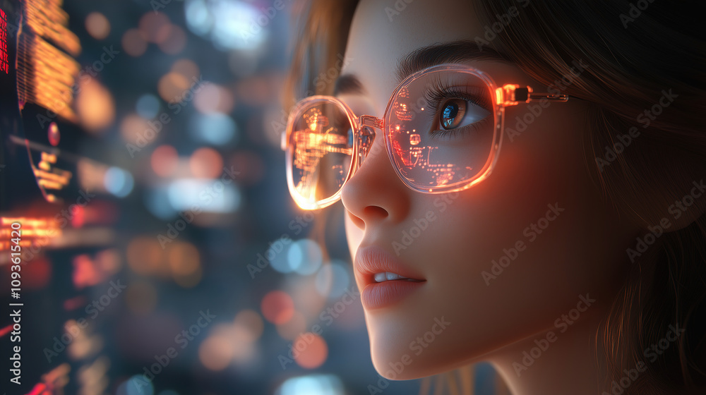 Young woman with glasses gazes at digital screens in a futuristic environment during night. Generative AI Young woman with glasses gazes at digital screens in a futuristic environment during night. Generative AI